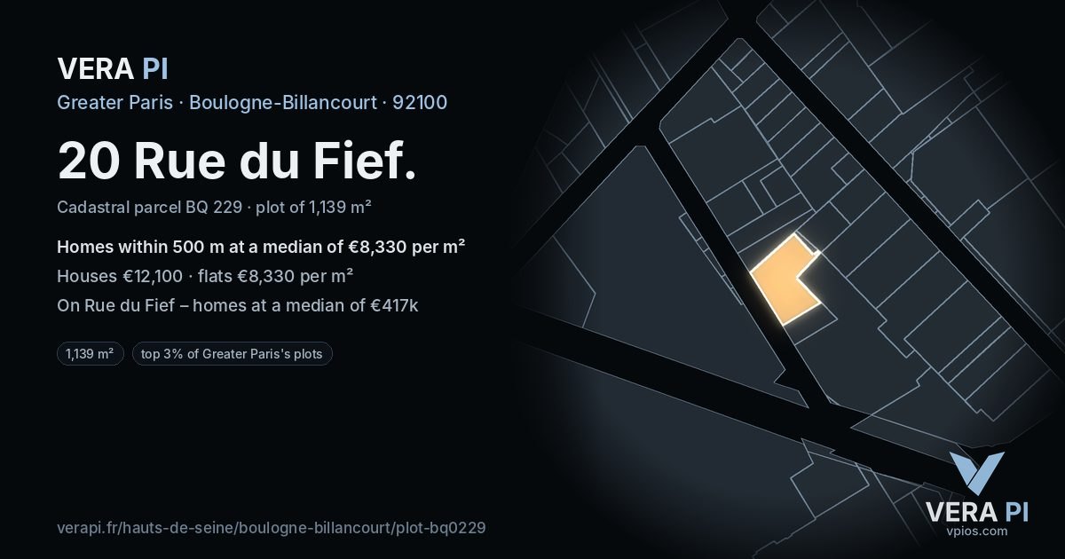 20 Rue du Fief, Boulogne-Billancourt at night – the plot lit, the parcels around coloured by the prices near them