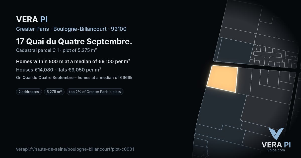 17 Quai du Quatre Septembre, Boulogne-Billancourt at night – the plot lit, the parcels around coloured by the prices near them