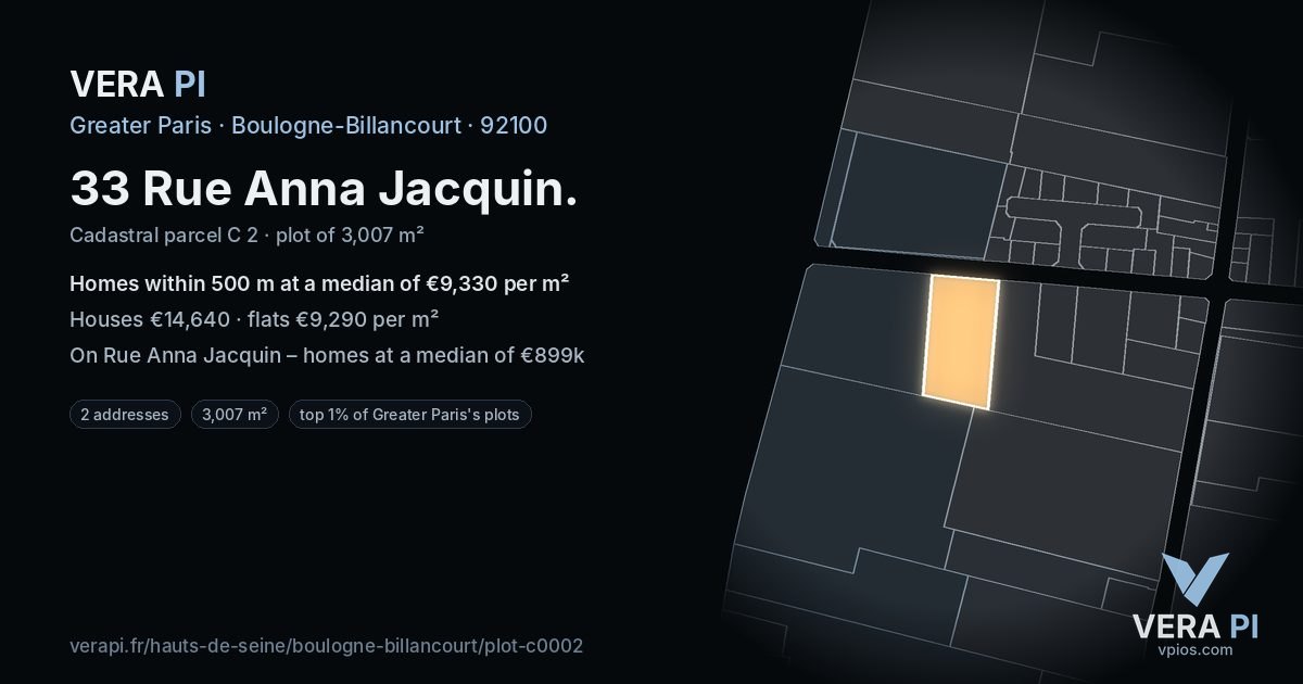 33 Rue Anna Jacquin, Boulogne-Billancourt at night – the plot lit, the parcels around coloured by the prices near them
