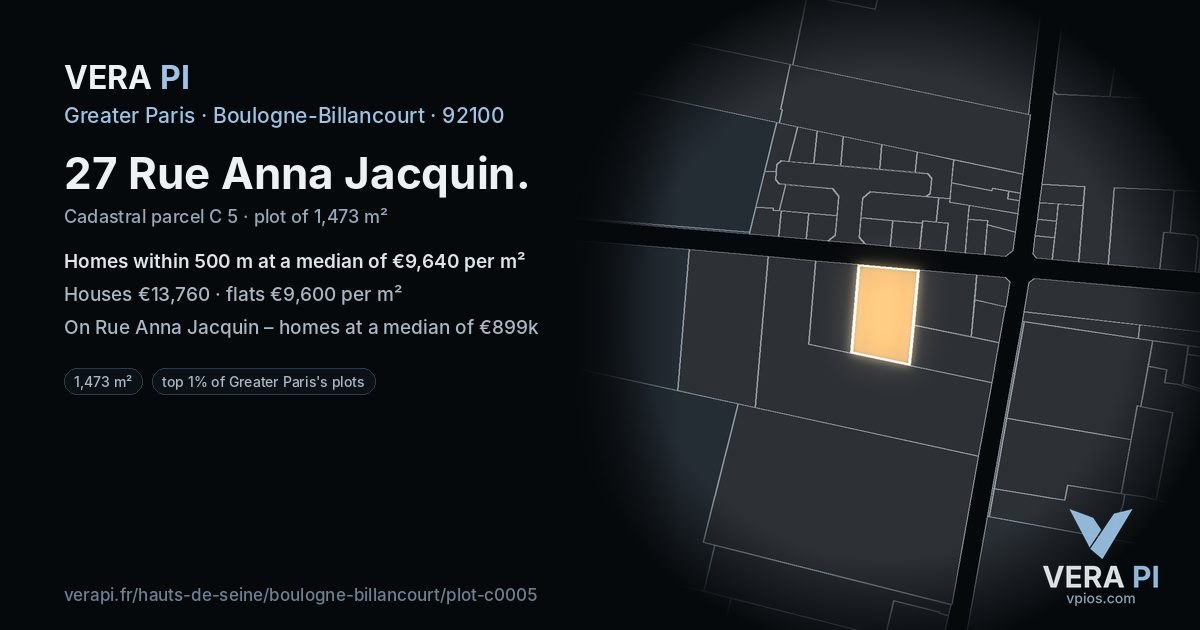 27 Rue Anna Jacquin, Boulogne-Billancourt at night – the plot lit, the parcels around coloured by the prices near them