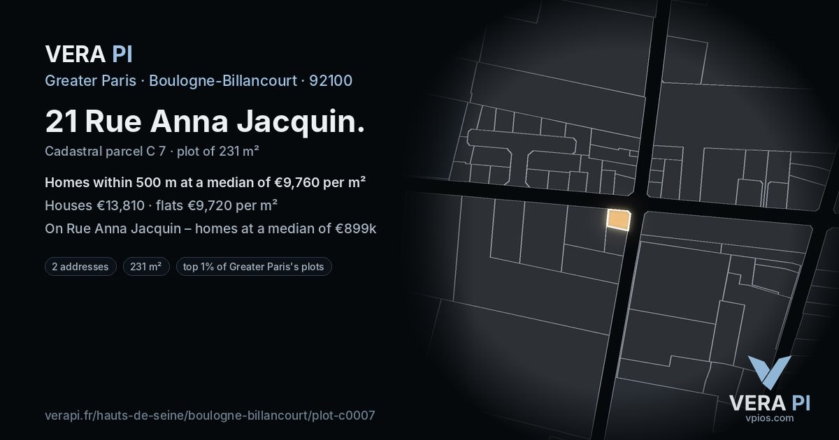 21 Rue Anna Jacquin, Boulogne-Billancourt at night – the plot lit, the parcels around coloured by the prices near them
