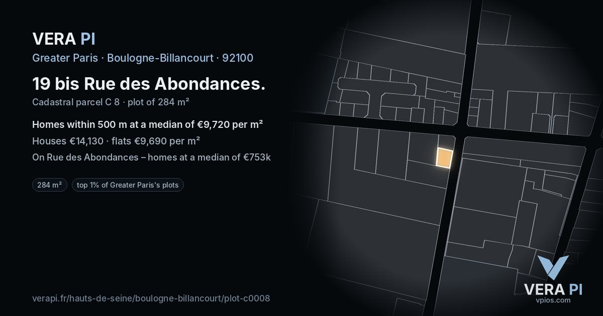 19 bis Rue des Abondances, Boulogne-Billancourt at night – the plot lit, the parcels around coloured by the prices near them