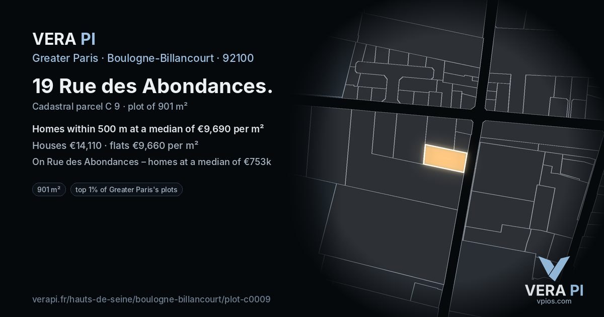 19 Rue des Abondances, Boulogne-Billancourt at night – the plot lit, the parcels around coloured by the prices near them
