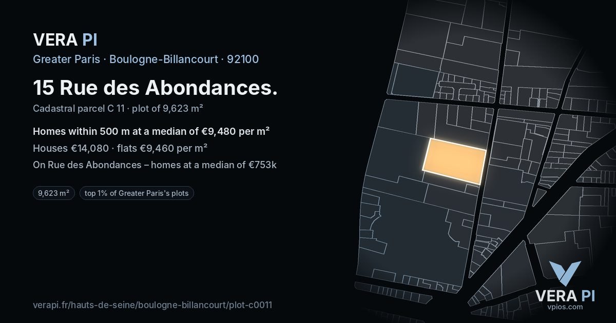 15 Rue des Abondances, Boulogne-Billancourt at night – the plot lit, the parcels around coloured by the prices near them