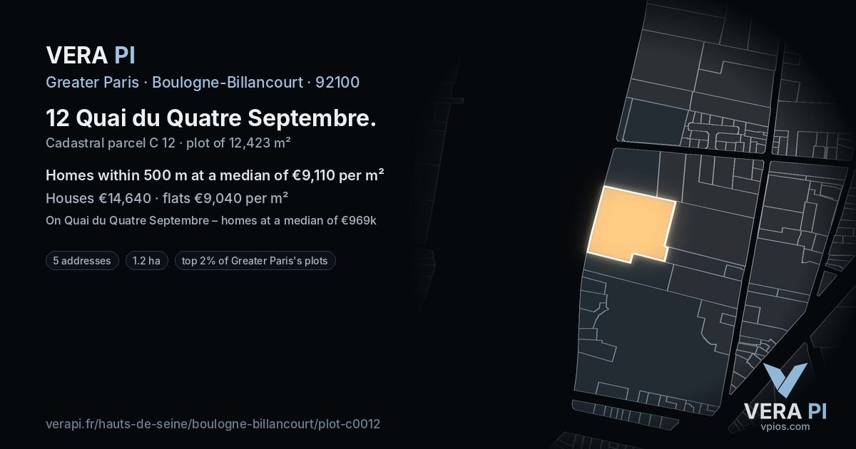 12 Quai du Quatre Septembre, Boulogne-Billancourt at night – the plot lit, the parcels around coloured by the prices near them