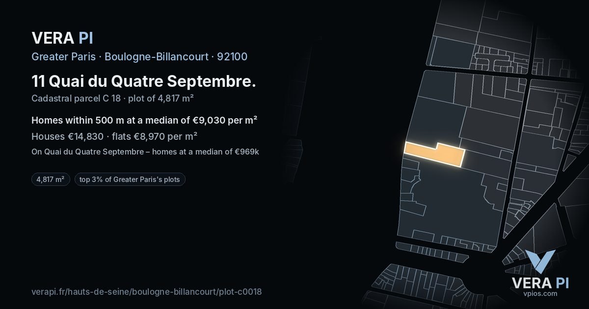 11 Quai du Quatre Septembre, Boulogne-Billancourt at night – the plot lit, the parcels around coloured by the prices near them