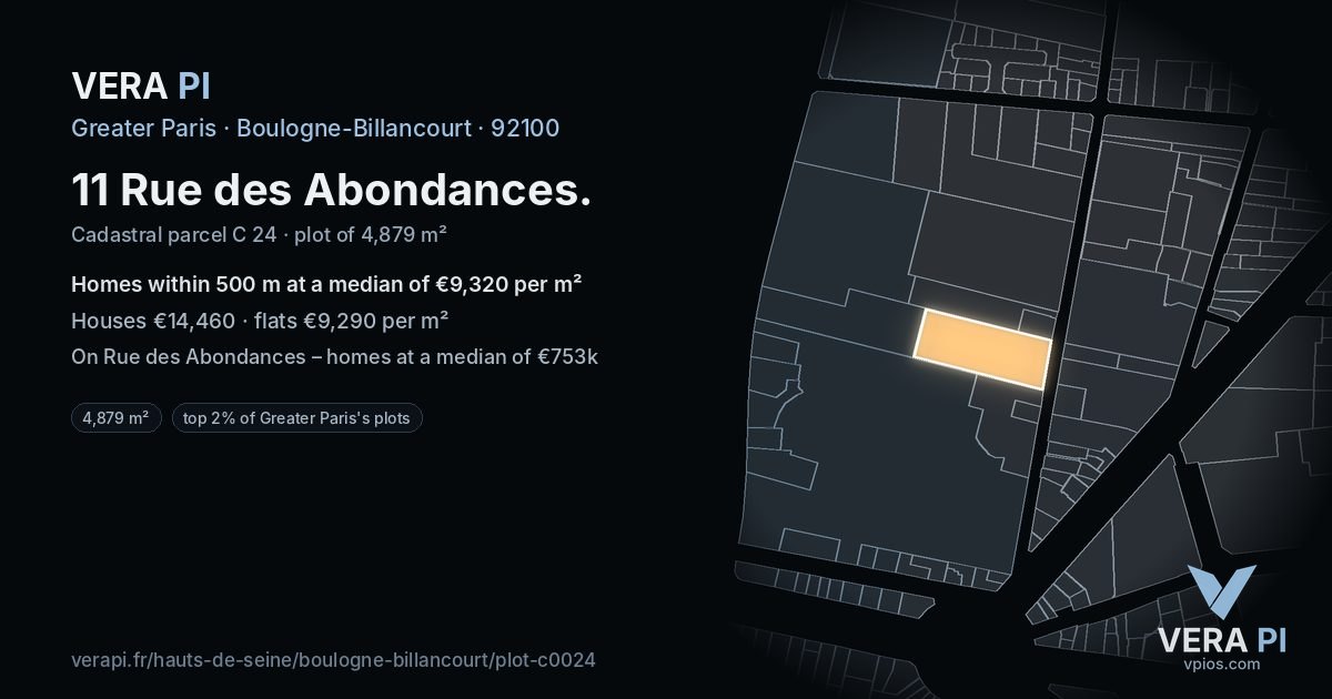 11 Rue des Abondances, Boulogne-Billancourt at night – the plot lit, the parcels around coloured by the prices near them