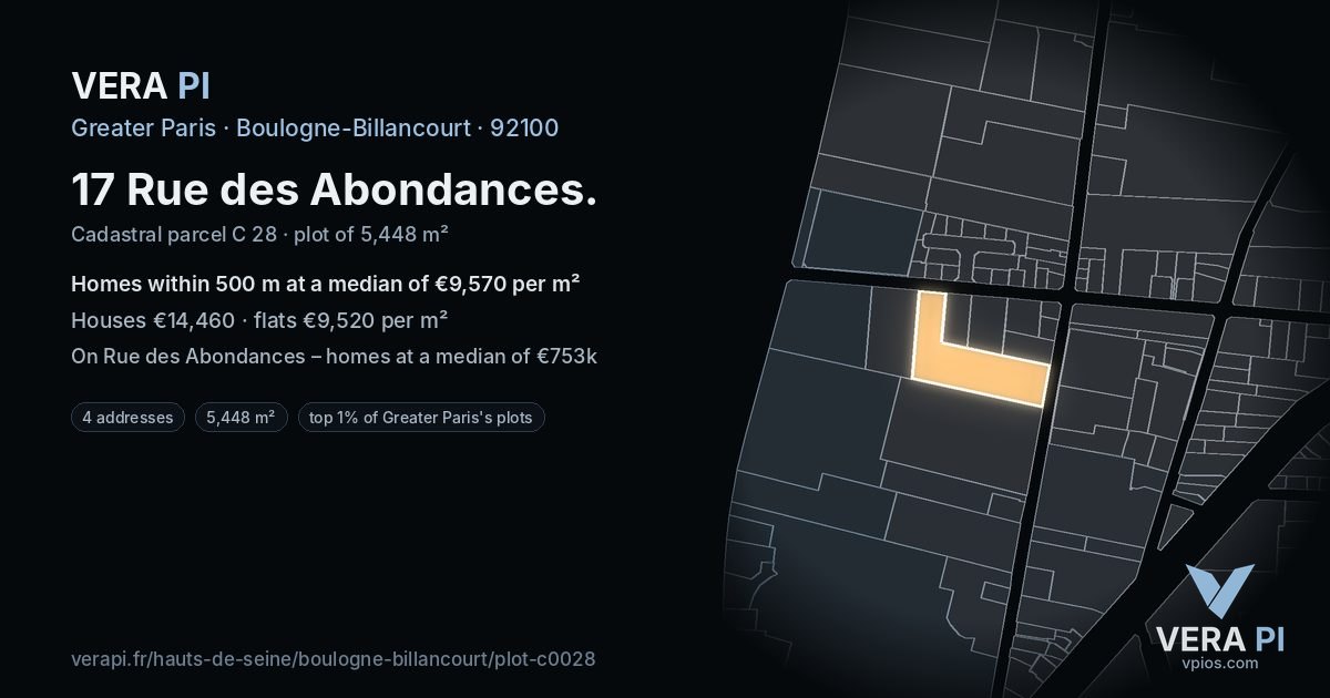 17 Rue des Abondances, Boulogne-Billancourt at night – the plot lit, the parcels around coloured by the prices near them