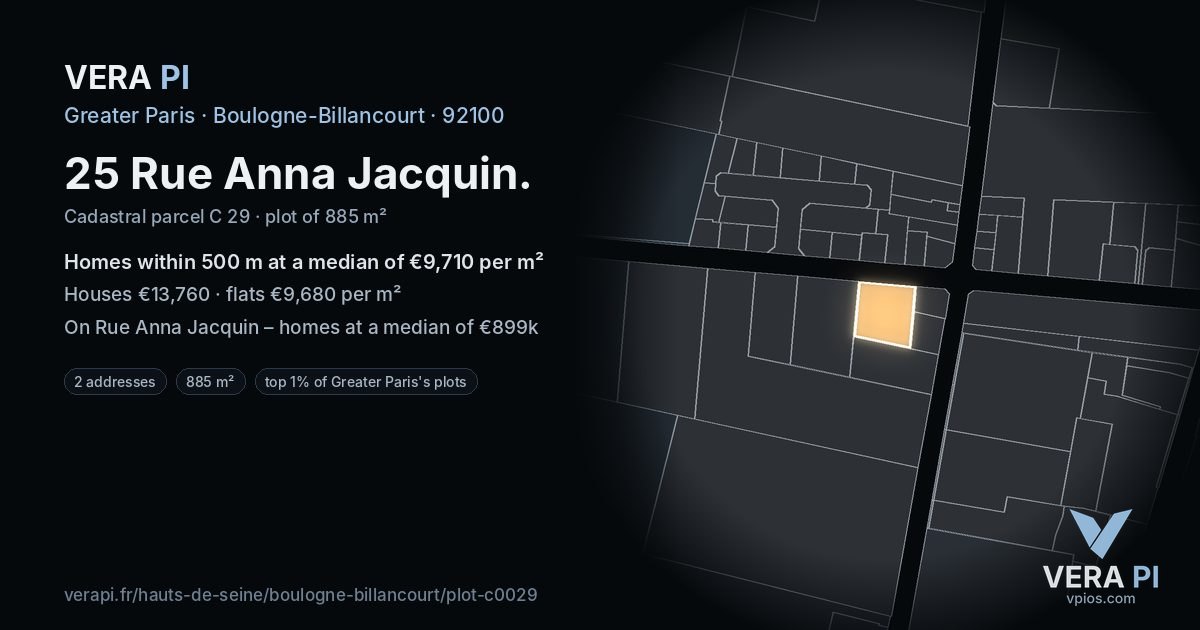 25 Rue Anna Jacquin, Boulogne-Billancourt at night – the plot lit, the parcels around coloured by the prices near them