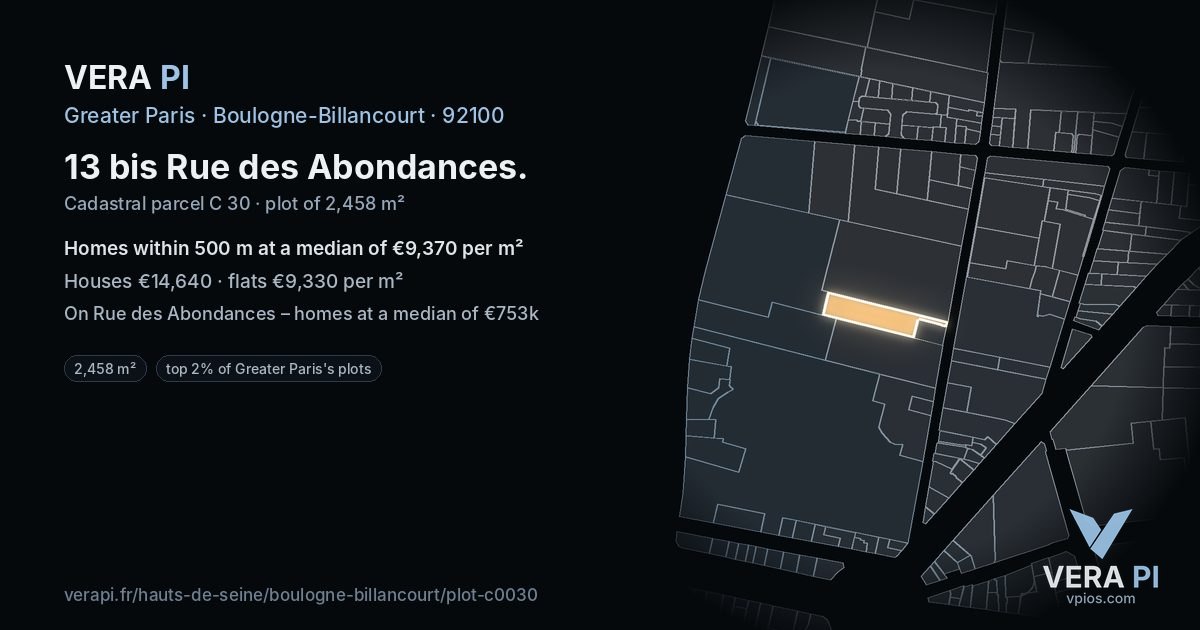 13 bis Rue des Abondances, Boulogne-Billancourt at night – the plot lit, the parcels around coloured by the prices near them