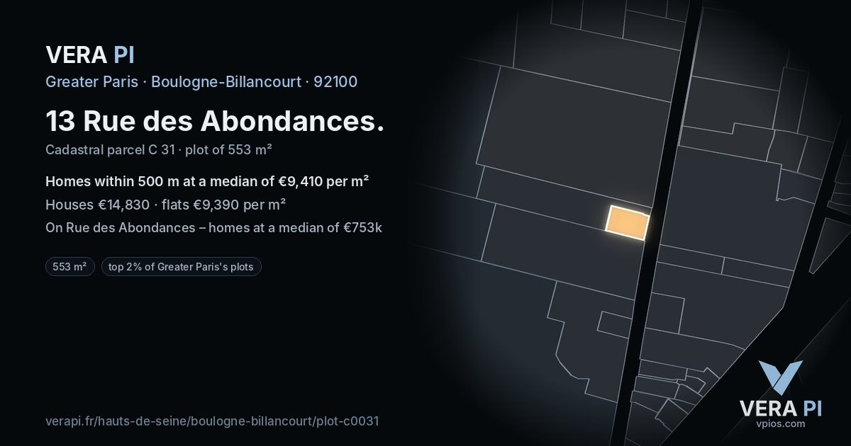 13 Rue des Abondances, Boulogne-Billancourt at night – the plot lit, the parcels around coloured by the prices near them