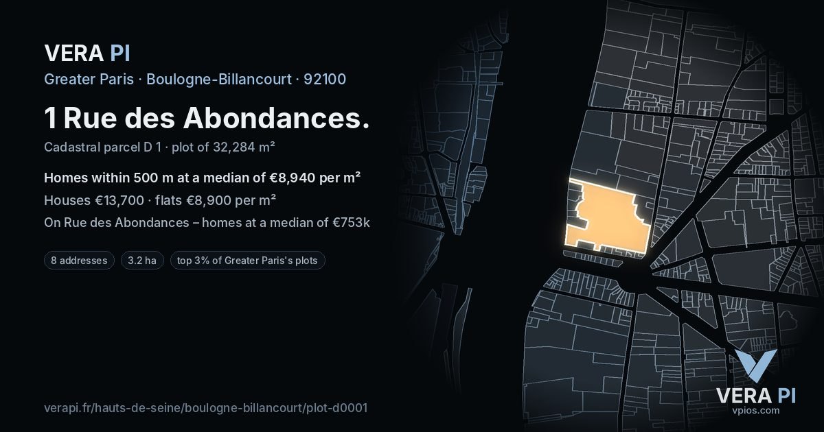 1 Rue des Abondances, Boulogne-Billancourt at night – the plot lit, the parcels around coloured by the prices near them
