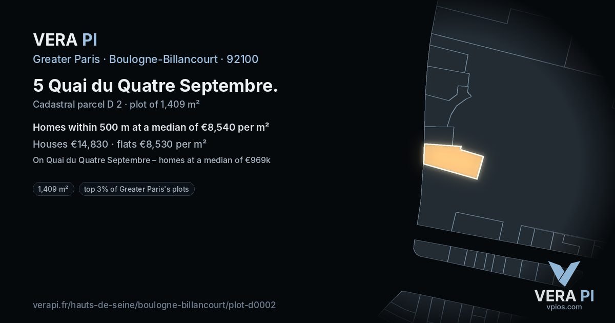 5 Quai du Quatre Septembre, Boulogne-Billancourt at night – the plot lit, the parcels around coloured by the prices near them