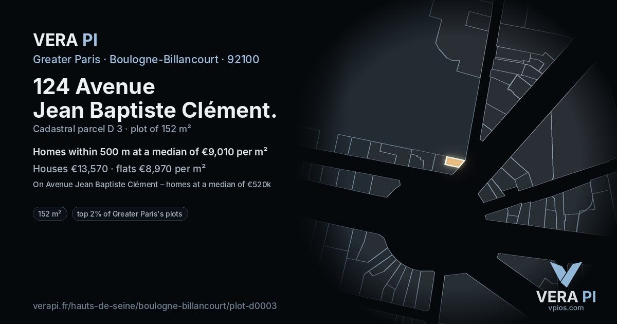 124 Avenue Jean Baptiste Clément, Boulogne-Billancourt at night – the plot lit, the parcels around coloured by the prices near them