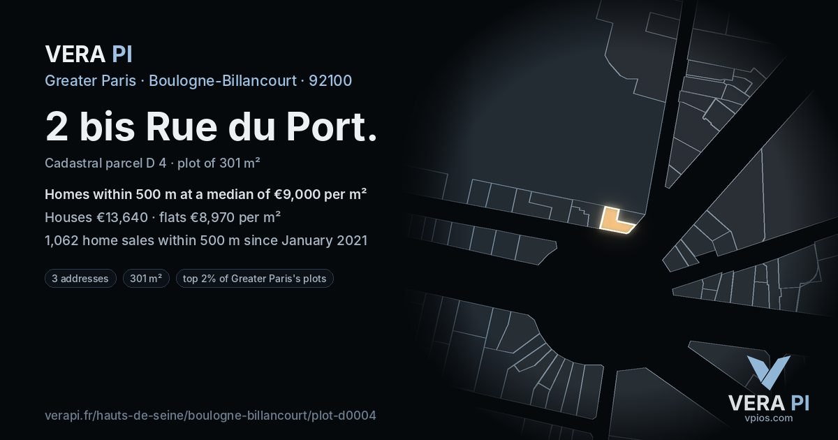 2 bis Rue du Port, Boulogne-Billancourt at night – the plot lit, the parcels around coloured by the prices near them