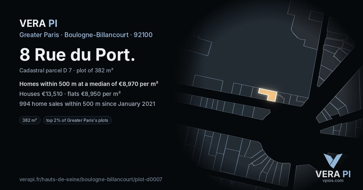8 Rue du Port, Boulogne-Billancourt at night – the plot lit, the parcels around coloured by the prices near them