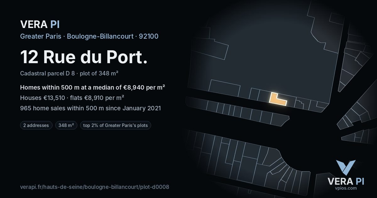 12 Rue du Port, Boulogne-Billancourt at night – the plot lit, the parcels around coloured by the prices near them