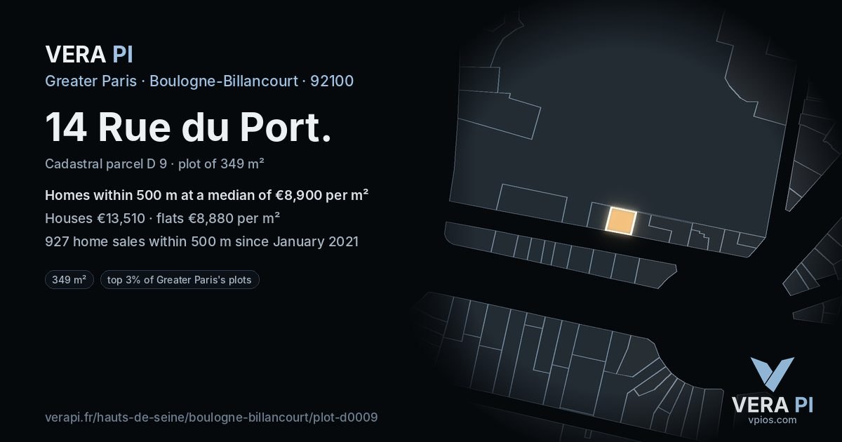 14 Rue du Port, Boulogne-Billancourt at night – the plot lit, the parcels around coloured by the prices near them