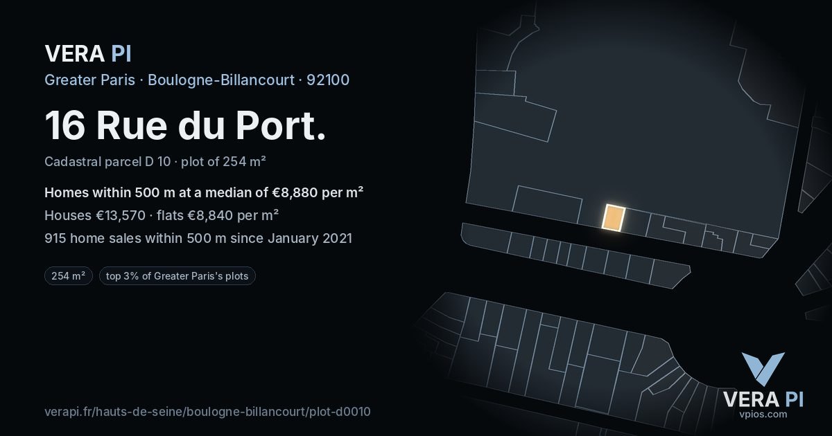 16 Rue du Port, Boulogne-Billancourt at night – the plot lit, the parcels around coloured by the prices near them