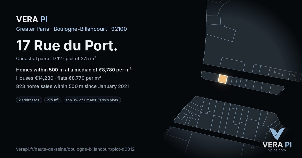 17 Rue du Port, Boulogne-Billancourt at night – the plot lit, the parcels around coloured by the prices near them