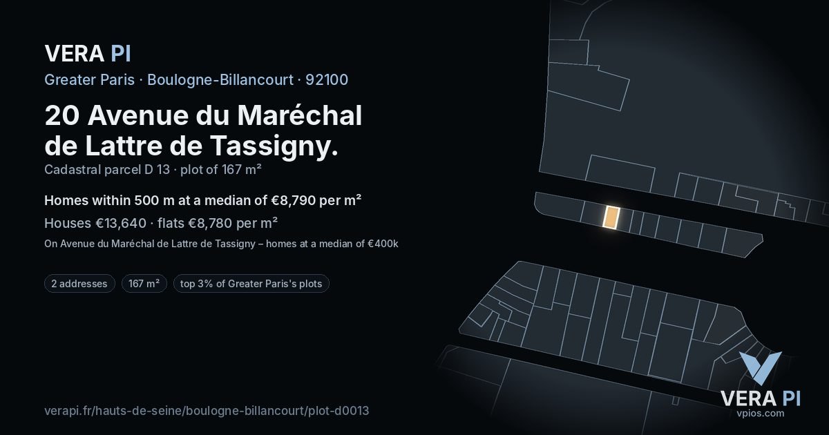 20 Avenue du Maréchal de Lattre de Tassigny, Boulogne-Billancourt at night – the plot lit, the parcels around coloured by the prices near them