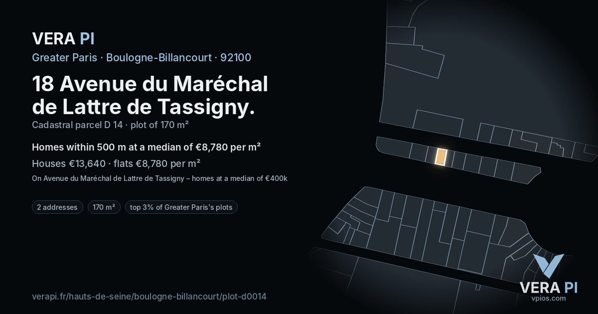 18 Avenue du Maréchal de Lattre de Tassigny, Boulogne-Billancourt at night – the plot lit, the parcels around coloured by the prices near them