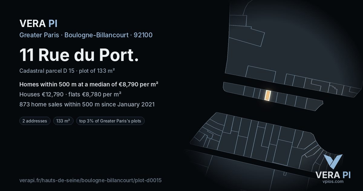 11 Rue du Port, Boulogne-Billancourt at night – the plot lit, the parcels around coloured by the prices near them