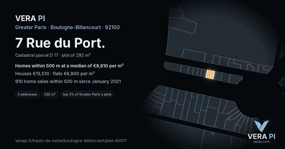 7 Rue du Port, Boulogne-Billancourt at night – the plot lit, the parcels around coloured by the prices near them