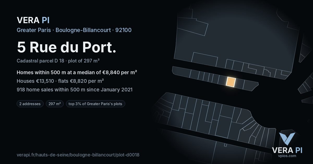 5 Rue du Port, Boulogne-Billancourt at night – the plot lit, the parcels around coloured by the prices near them