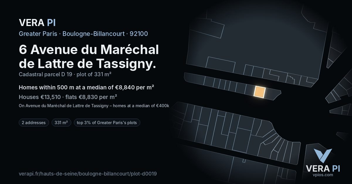 6 Avenue du Maréchal de Lattre de Tassigny, Boulogne-Billancourt at night – the plot lit, the parcels around coloured by the prices near them