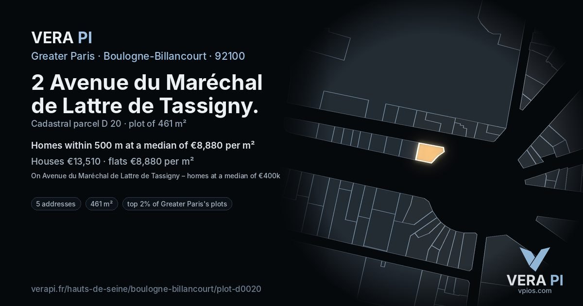 2 Avenue du Maréchal de Lattre de Tassigny, Boulogne-Billancourt at night – the plot lit, the parcels around coloured by the prices near them