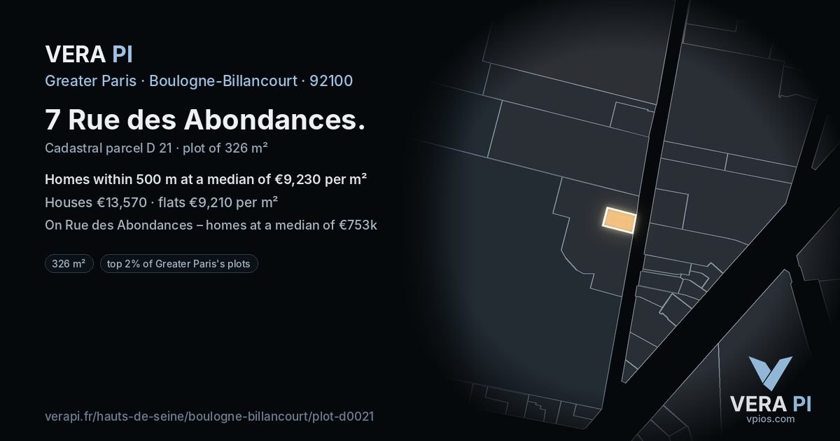 7 Rue des Abondances, Boulogne-Billancourt at night – the plot lit, the parcels around coloured by the prices near them