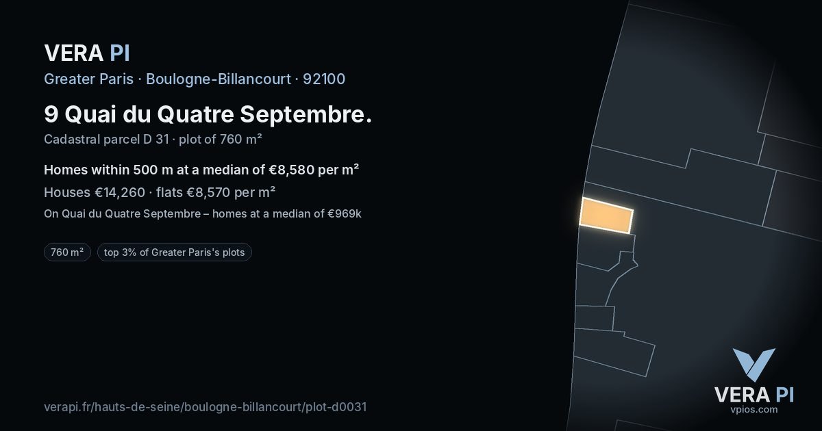 9 Quai du Quatre Septembre, Boulogne-Billancourt at night – the plot lit, the parcels around coloured by the prices near them