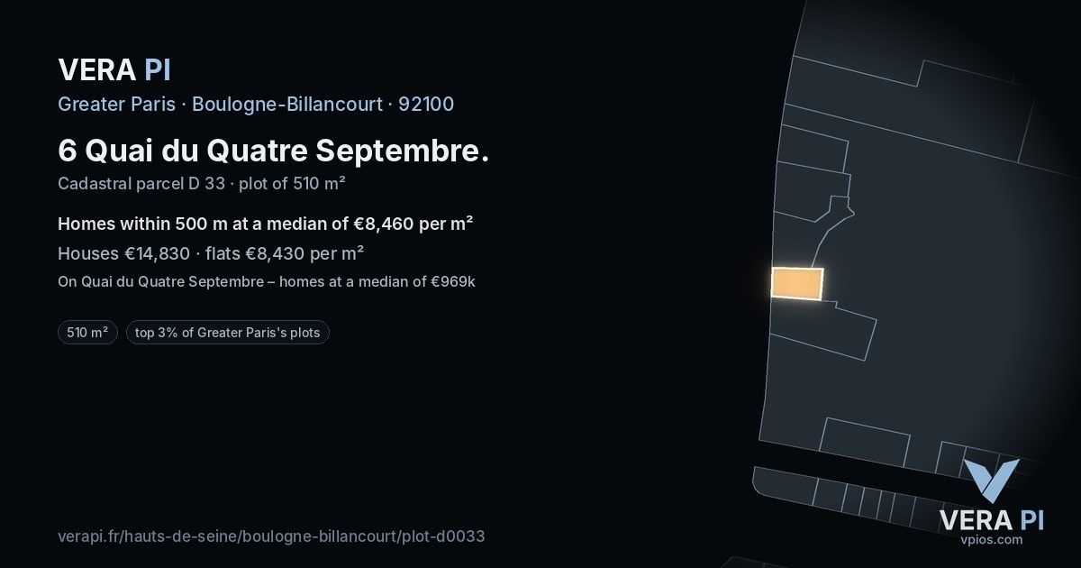 6 Quai du Quatre Septembre, Boulogne-Billancourt at night – the plot lit, the parcels around coloured by the prices near them