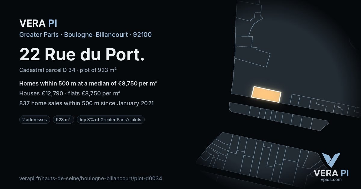22 Rue du Port, Boulogne-Billancourt at night – the plot lit, the parcels around coloured by the prices near them