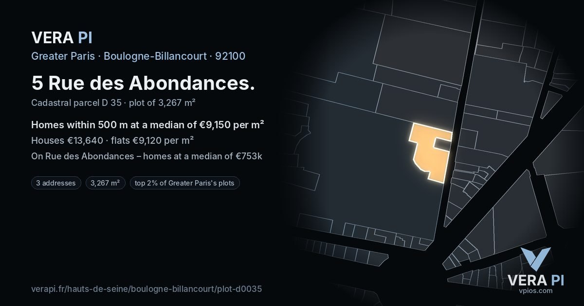 5 Rue des Abondances, Boulogne-Billancourt at night – the plot lit, the parcels around coloured by the prices near them