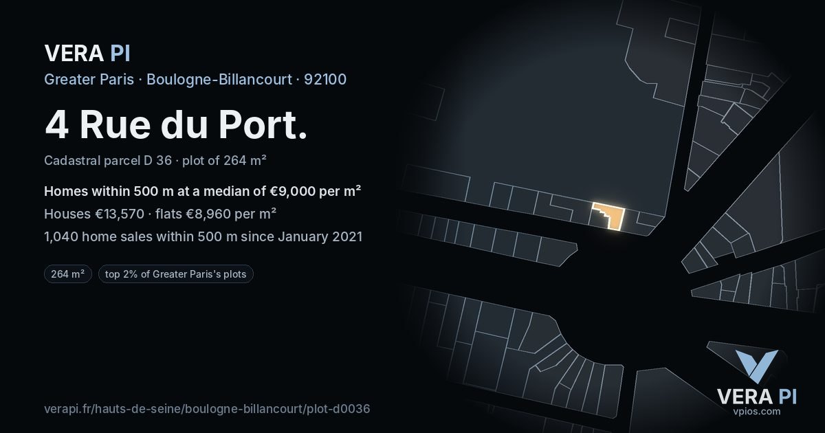 4 Rue du Port, Boulogne-Billancourt at night – the plot lit, the parcels around coloured by the prices near them