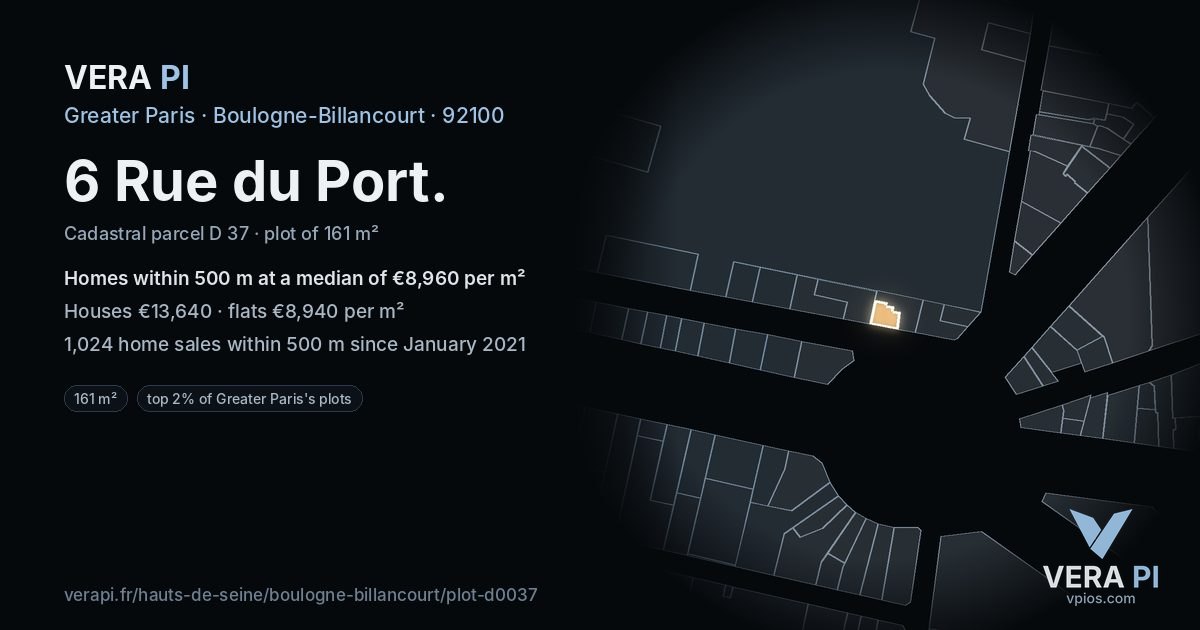 6 Rue du Port, Boulogne-Billancourt at night – the plot lit, the parcels around coloured by the prices near them