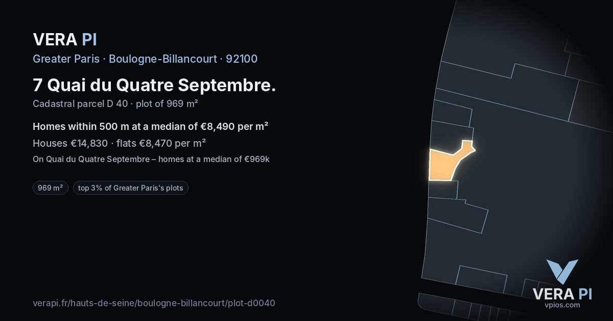 7 Quai du Quatre Septembre, Boulogne-Billancourt at night – the plot lit, the parcels around coloured by the prices near them