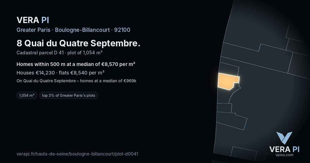 8 Quai du Quatre Septembre, Boulogne-Billancourt at night – the plot lit, the parcels around coloured by the prices near them