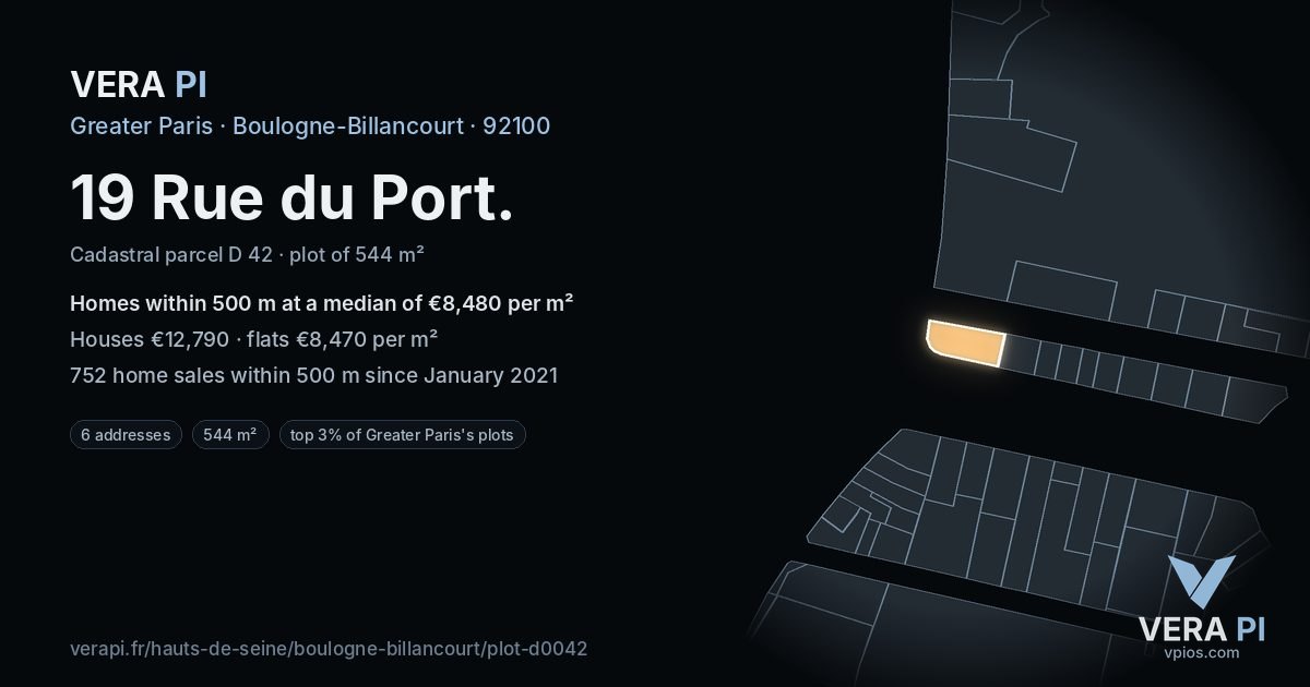 19 Rue du Port, Boulogne-Billancourt at night – the plot lit, the parcels around coloured by the prices near them