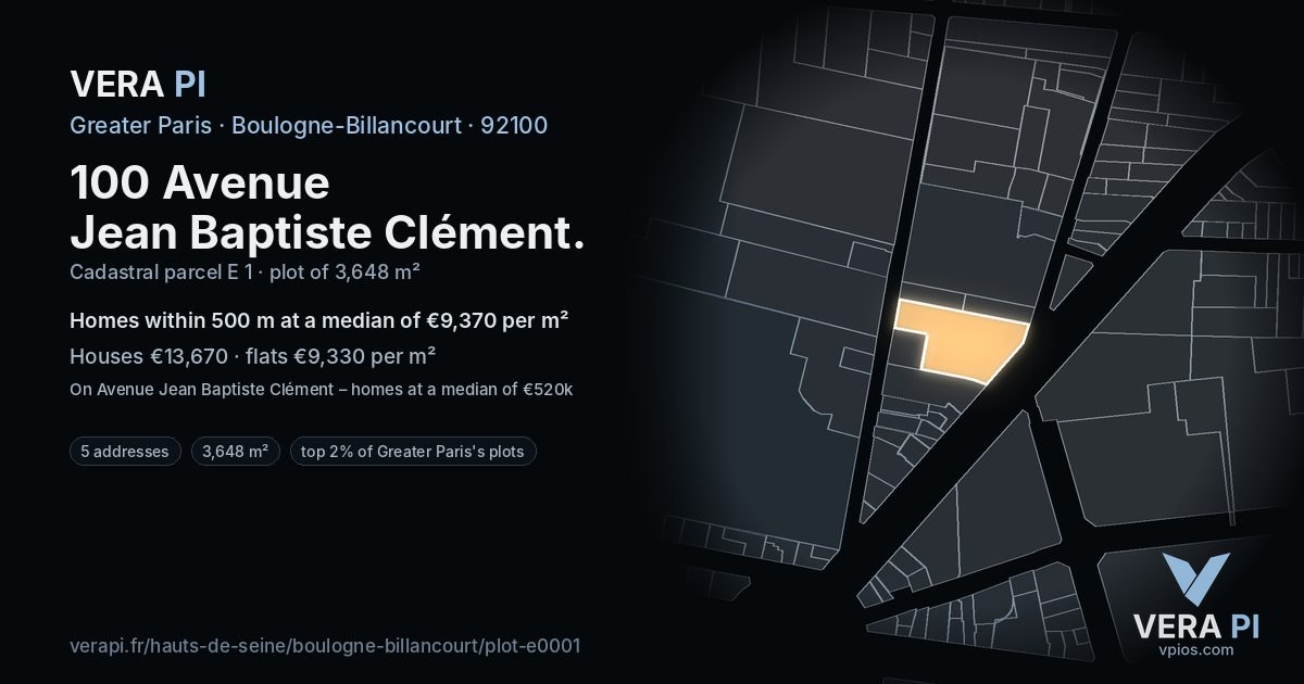 100 Avenue Jean Baptiste Clément, Boulogne-Billancourt at night – the plot lit, the parcels around coloured by the prices near them