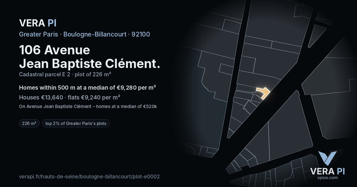 106 Avenue Jean Baptiste Clément, Boulogne-Billancourt at night – the plot lit, the parcels around coloured by the prices near them