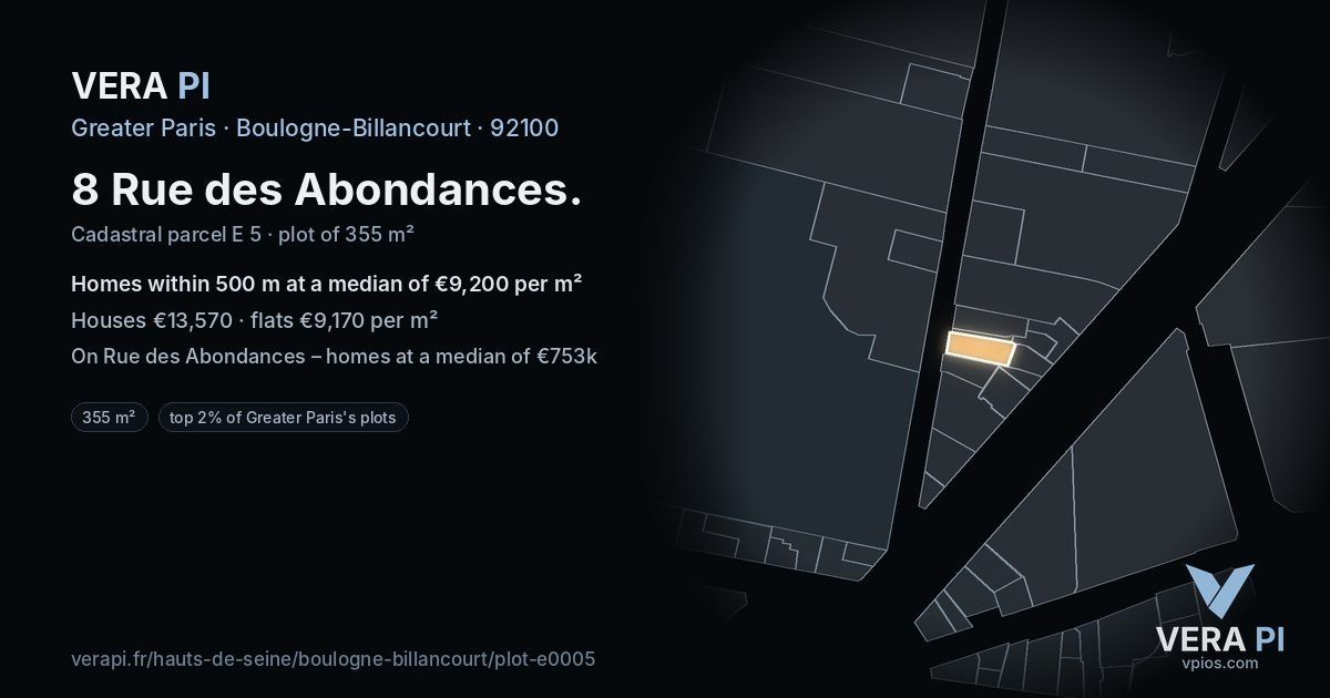 8 Rue des Abondances, Boulogne-Billancourt at night – the plot lit, the parcels around coloured by the prices near them