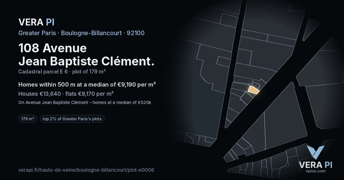 108 Avenue Jean Baptiste Clément, Boulogne-Billancourt at night – the plot lit, the parcels around coloured by the prices near them