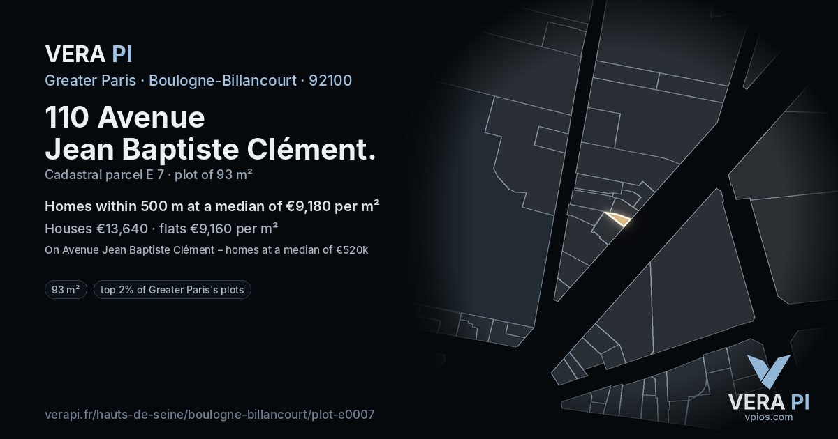 110 Avenue Jean Baptiste Clément, Boulogne-Billancourt at night – the plot lit, the parcels around coloured by the prices near them