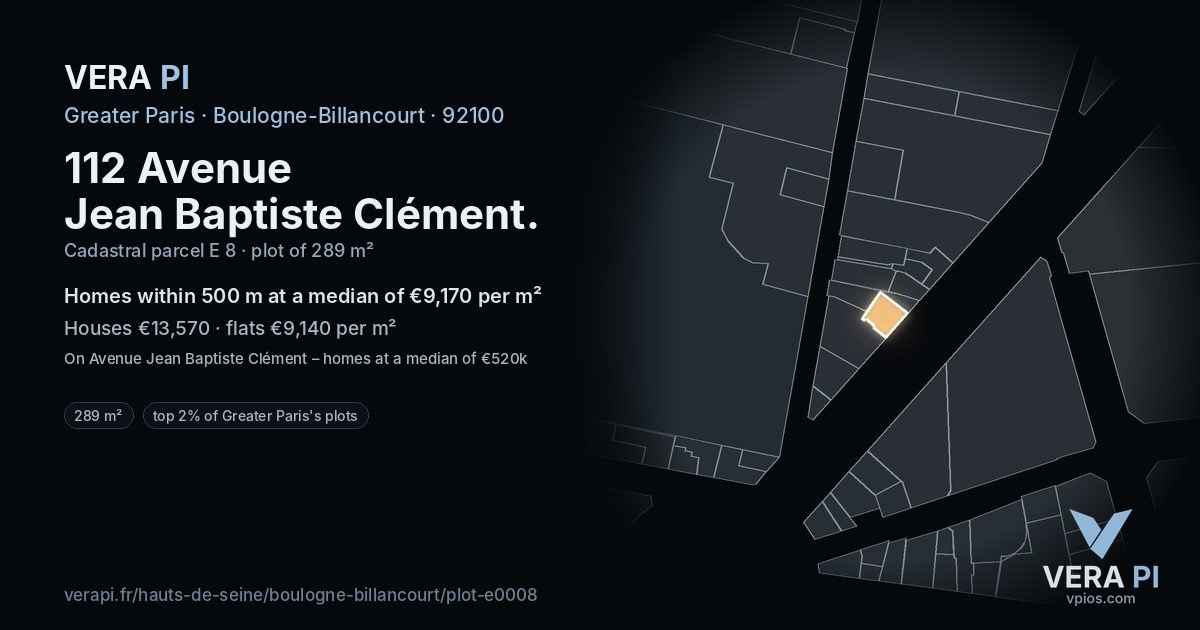 112 Avenue Jean Baptiste Clément, Boulogne-Billancourt at night – the plot lit, the parcels around coloured by the prices near them