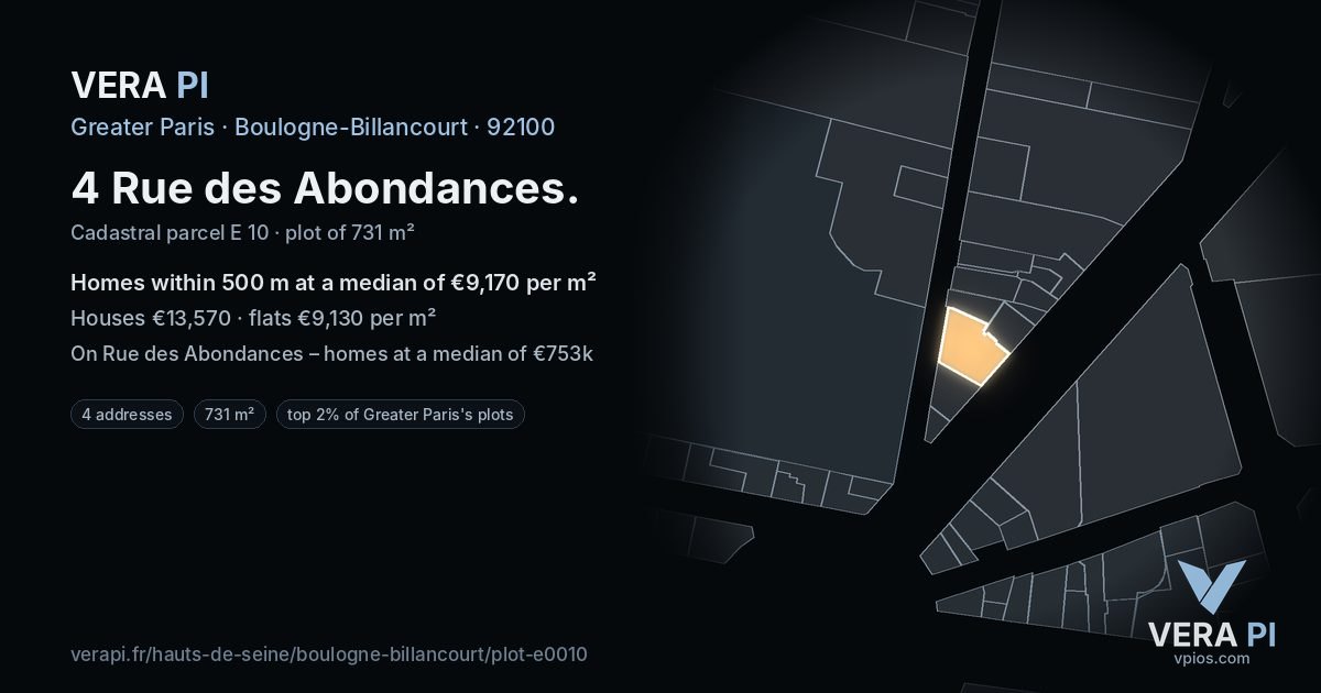 4 Rue des Abondances, Boulogne-Billancourt at night – the plot lit, the parcels around coloured by the prices near them