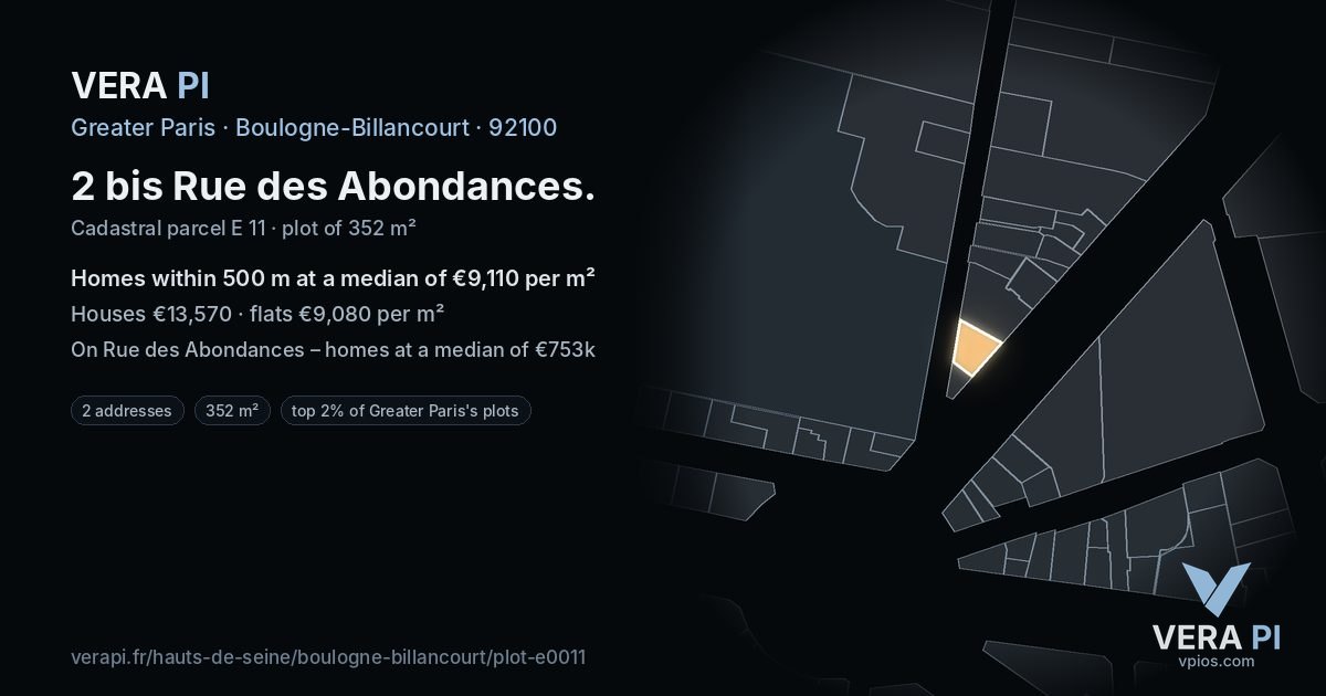 2 bis Rue des Abondances, Boulogne-Billancourt at night – the plot lit, the parcels around coloured by the prices near them