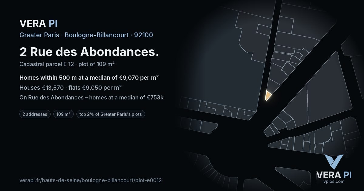 2 Rue des Abondances, Boulogne-Billancourt at night – the plot lit, the parcels around coloured by the prices near them